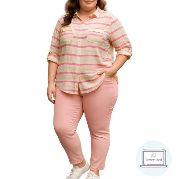 Lane Bryant Womens Top Button Blouse Pink Yellow Stripe Roll Tab Sleeve Size 20 - Picture 1 of 11